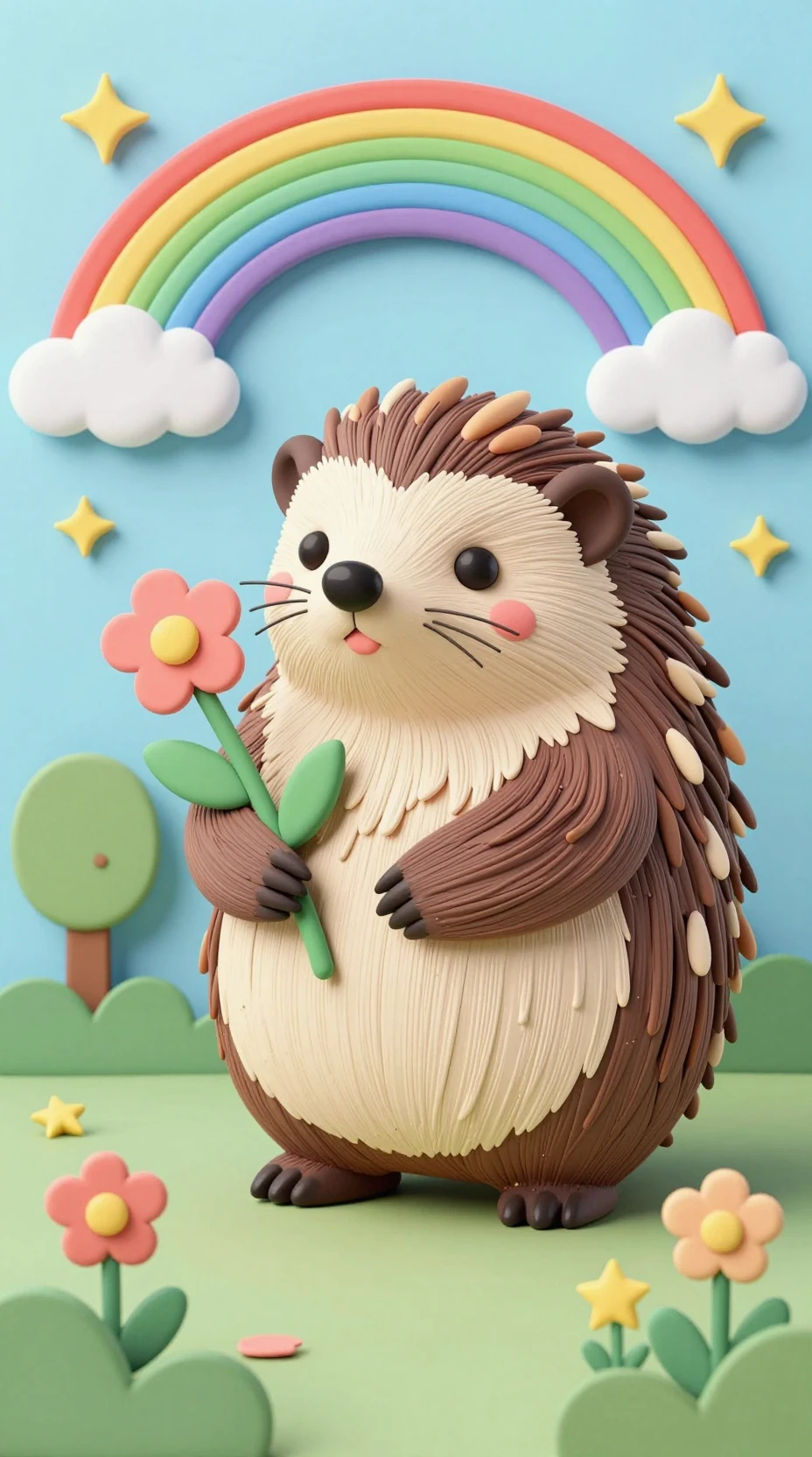 Ilustración de erizo sonriente y tierno en estilo de arte en papel pastel