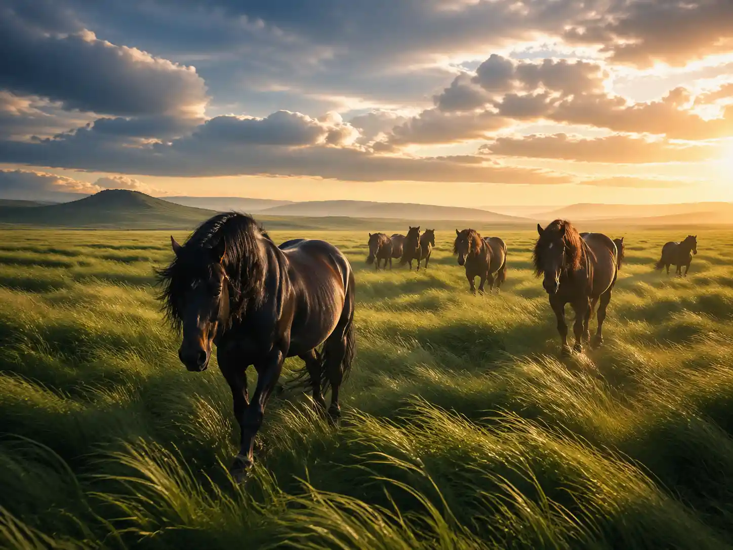 Horses Moving Quietly Through Tall Sunlit Grassland