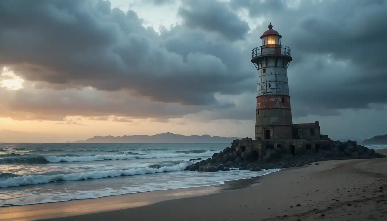Solitary lighthouse facing a stormy sea at dawn