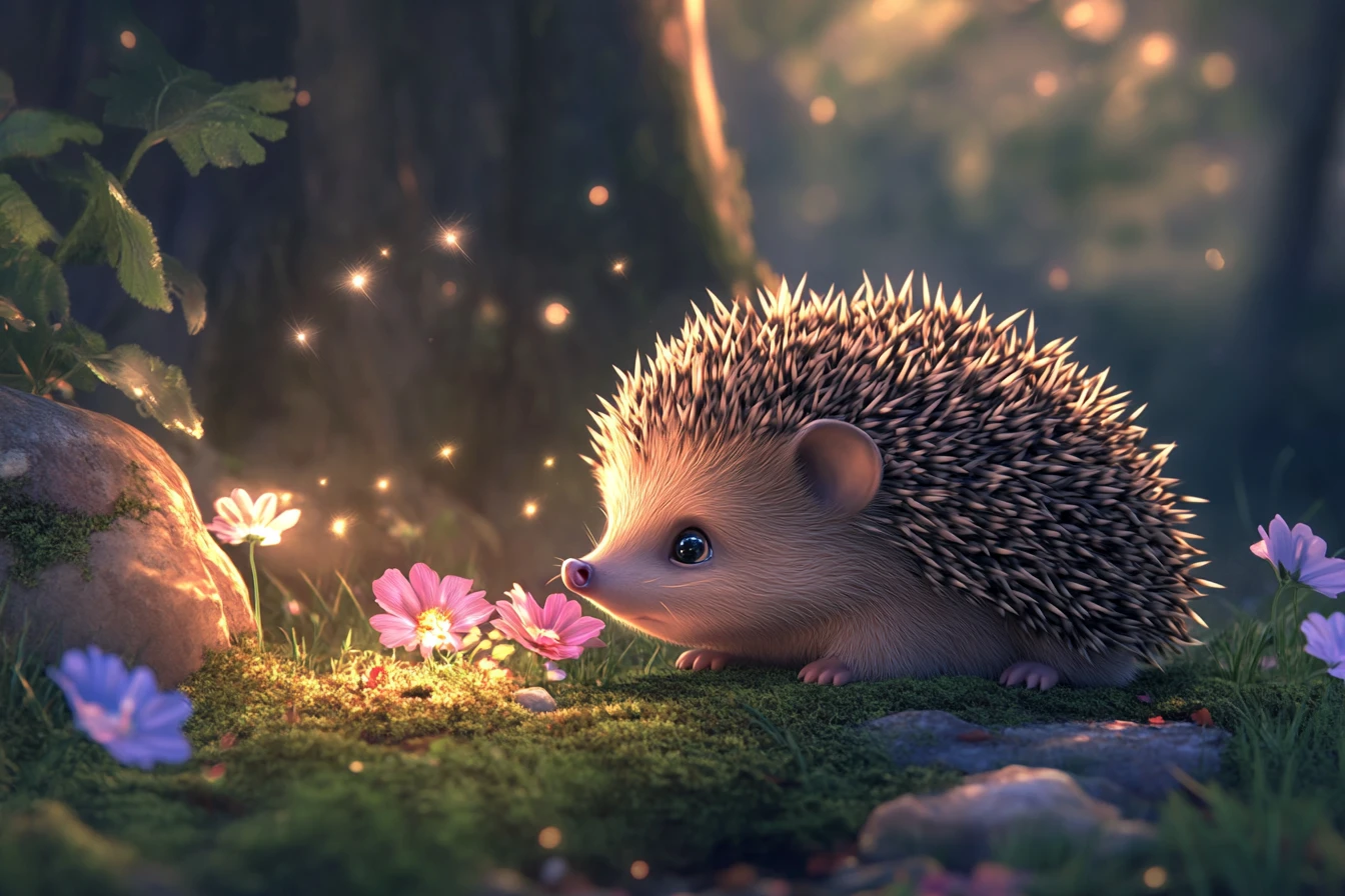 Lindo bebé erizo con flores brillantes al anochecer