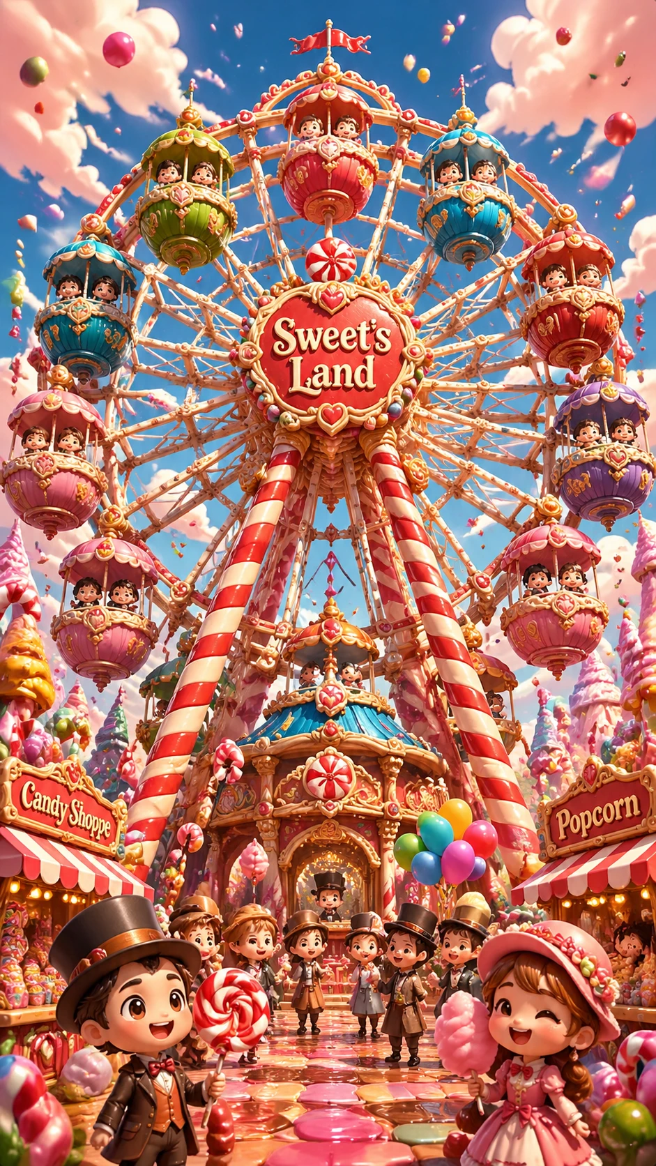 Ruota panoramica di caramelle in un colorato carnevale fantastico