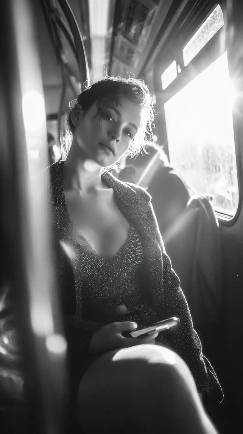 Femme dans un bus du matin baignée d’une douce lumière cinématographique