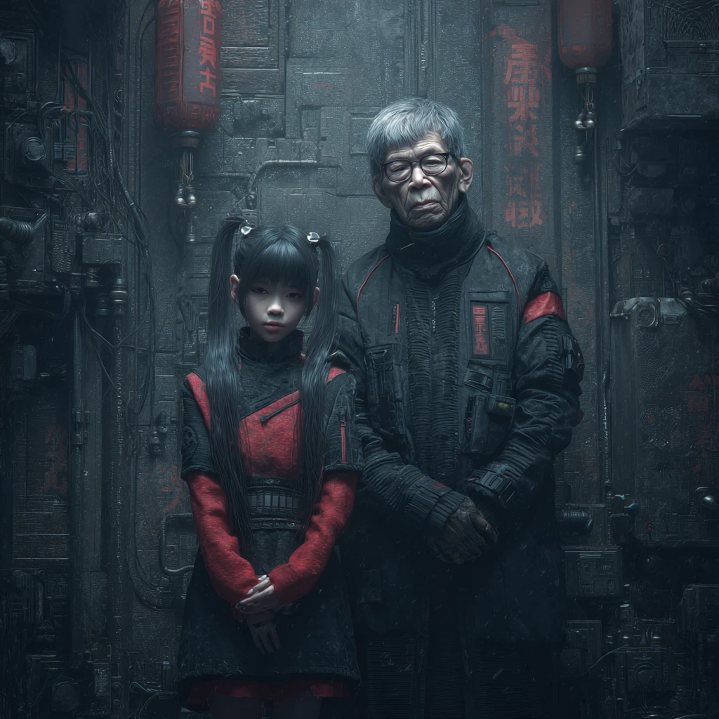 Asian girl with granddad in futuristic Chinese cyborg city
