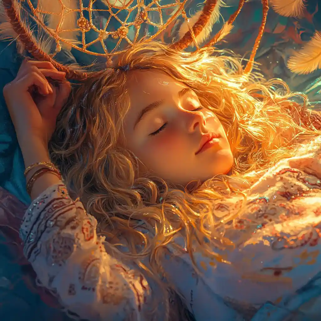 Dolce ragazza che dorme a letto sotto un acchiappasogni luminoso