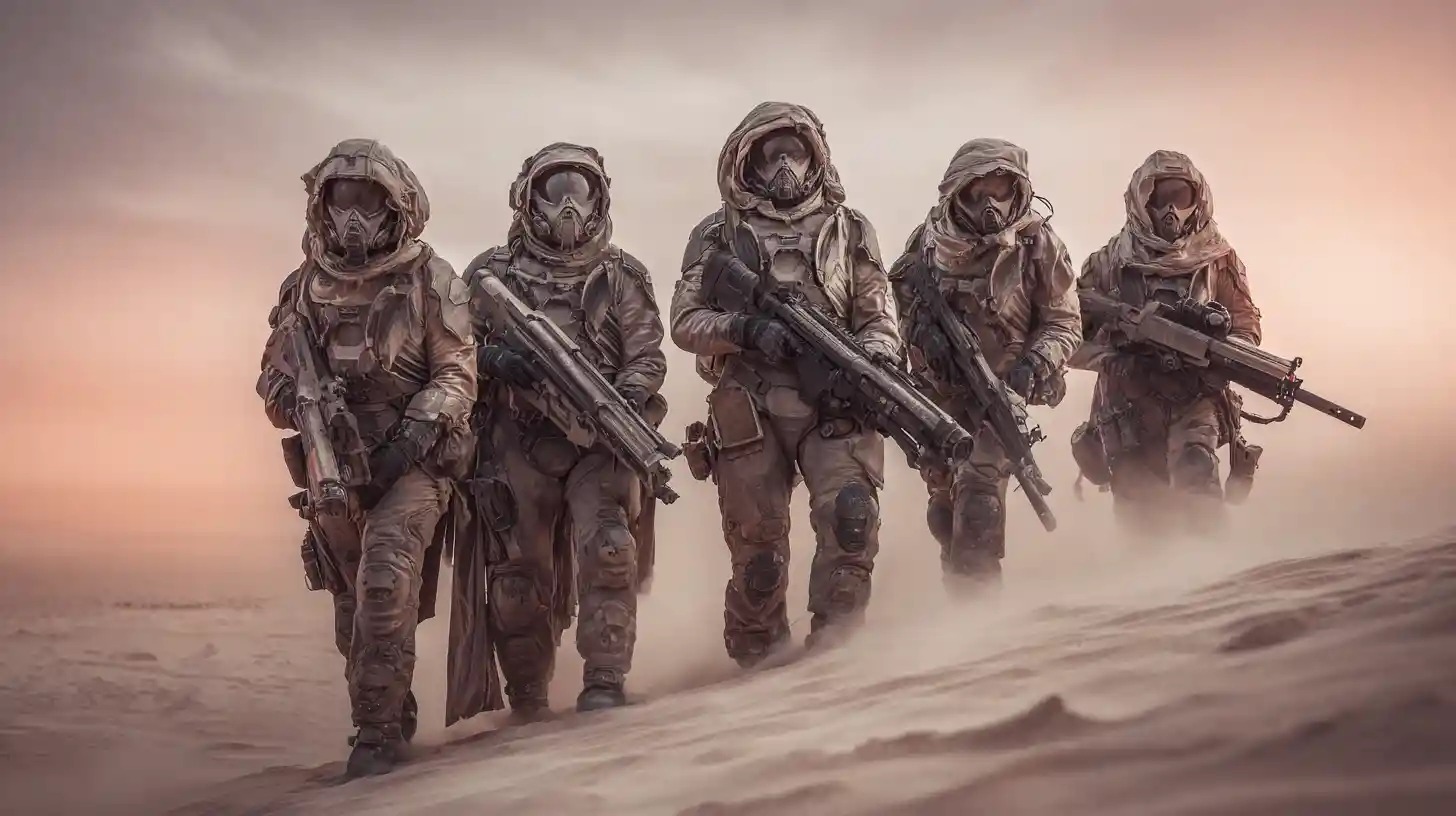 Armored marines pose in a sci fi desert battle scene