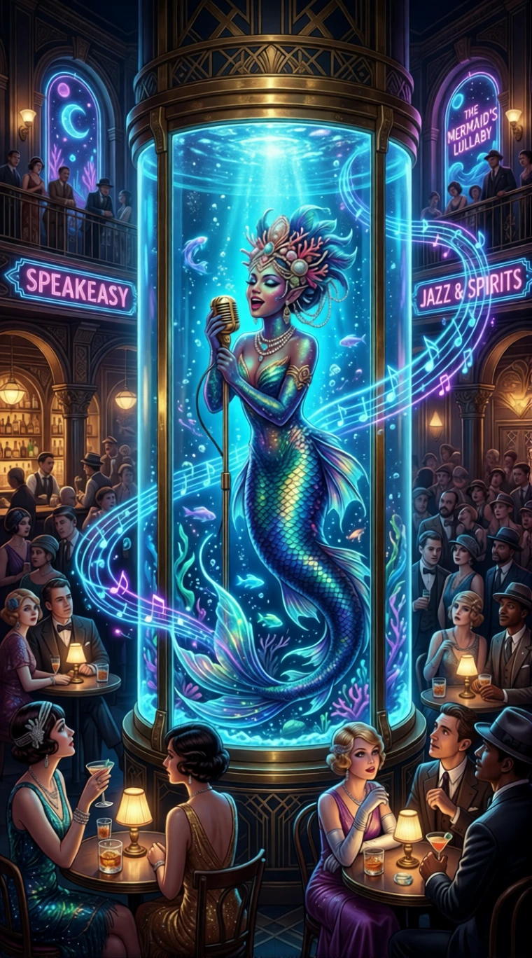 Mermaid singer performing in a glowing 1920s speakeasy aquarium