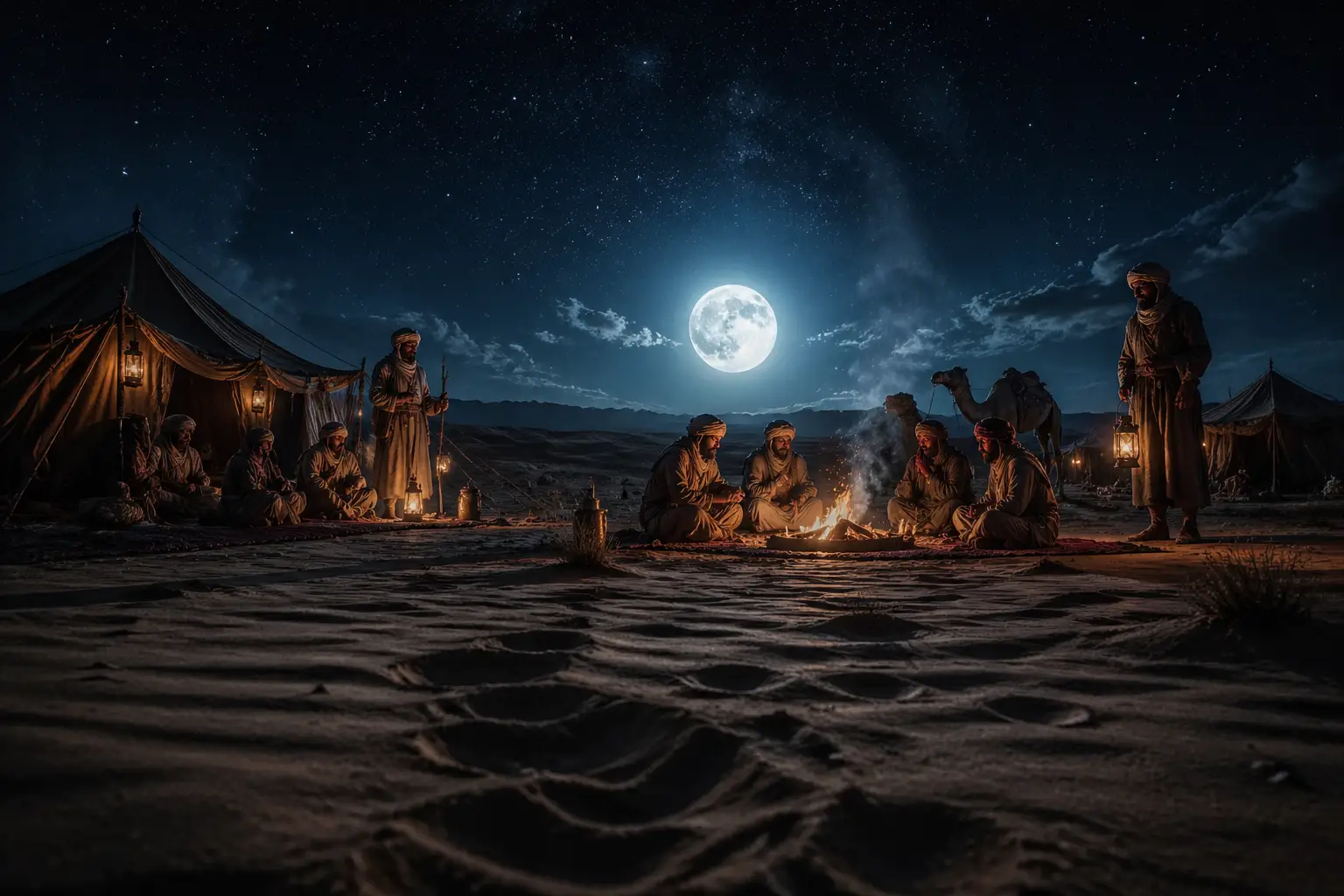 Desert nomads resting by moonlit campfires under a bright sky