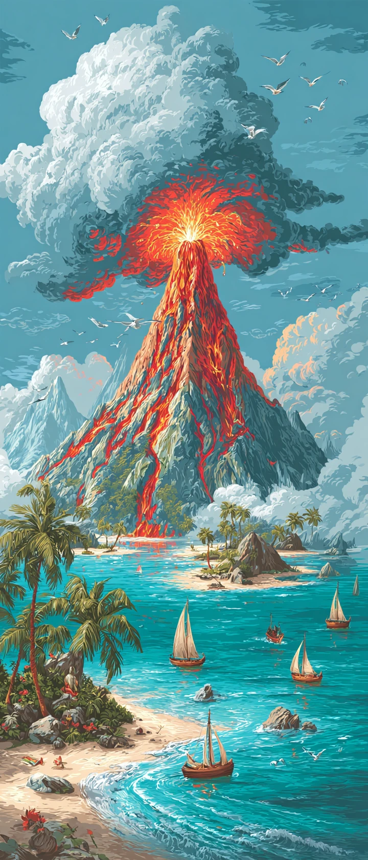 Cartoon Volcano Erupting On Tropical Island Chain At Sea