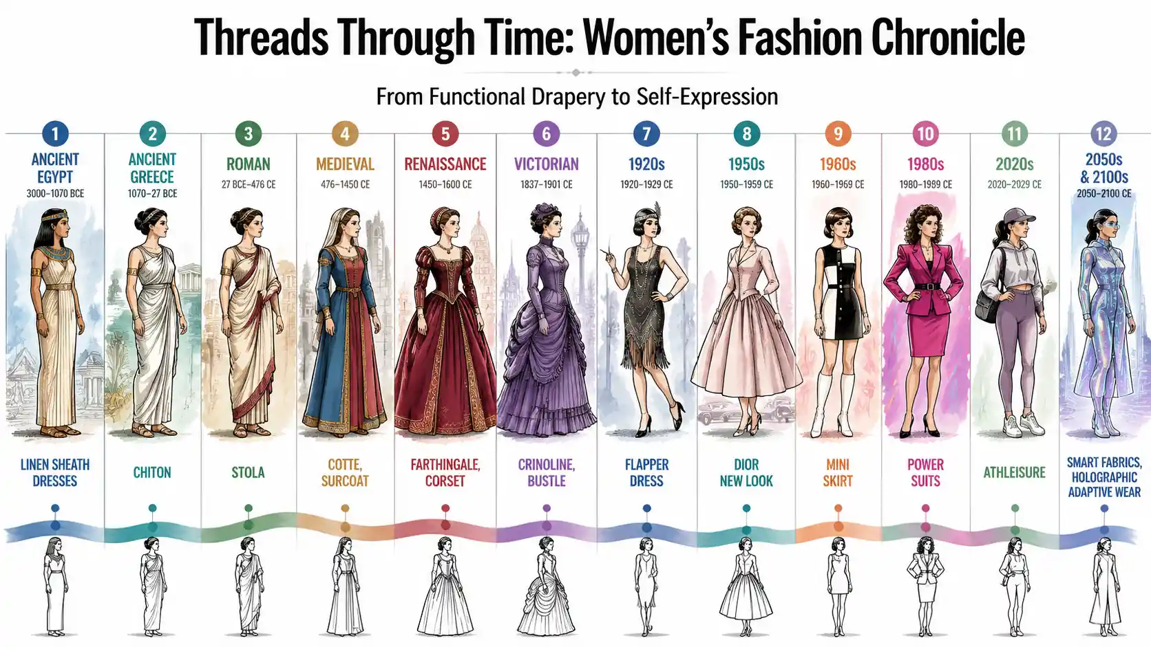 Infográfico em linha do tempo da moda feminina através das eras históricas