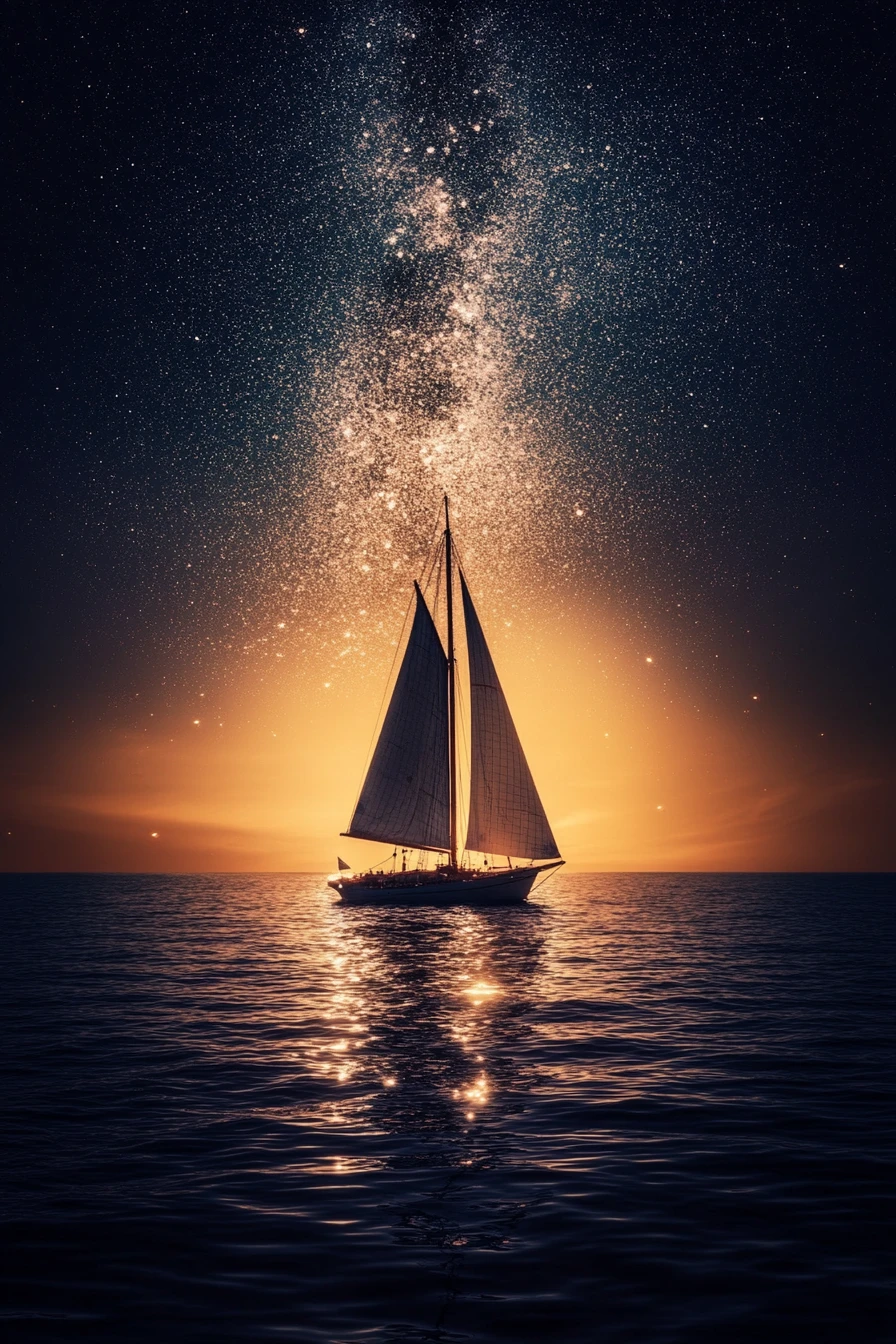 Sailboat Crossing From Dusk Into Starlit Dawn