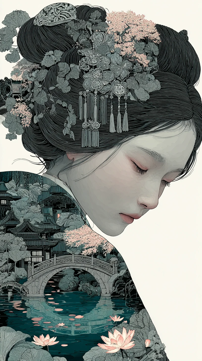 Mujer japonesa serena con kimono y escena de jardín interior