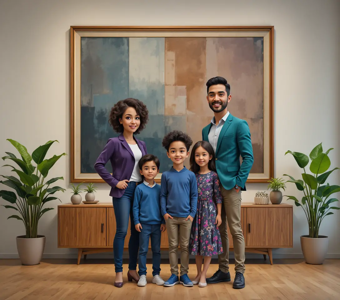 Mixed family posing together in a modern art gallery