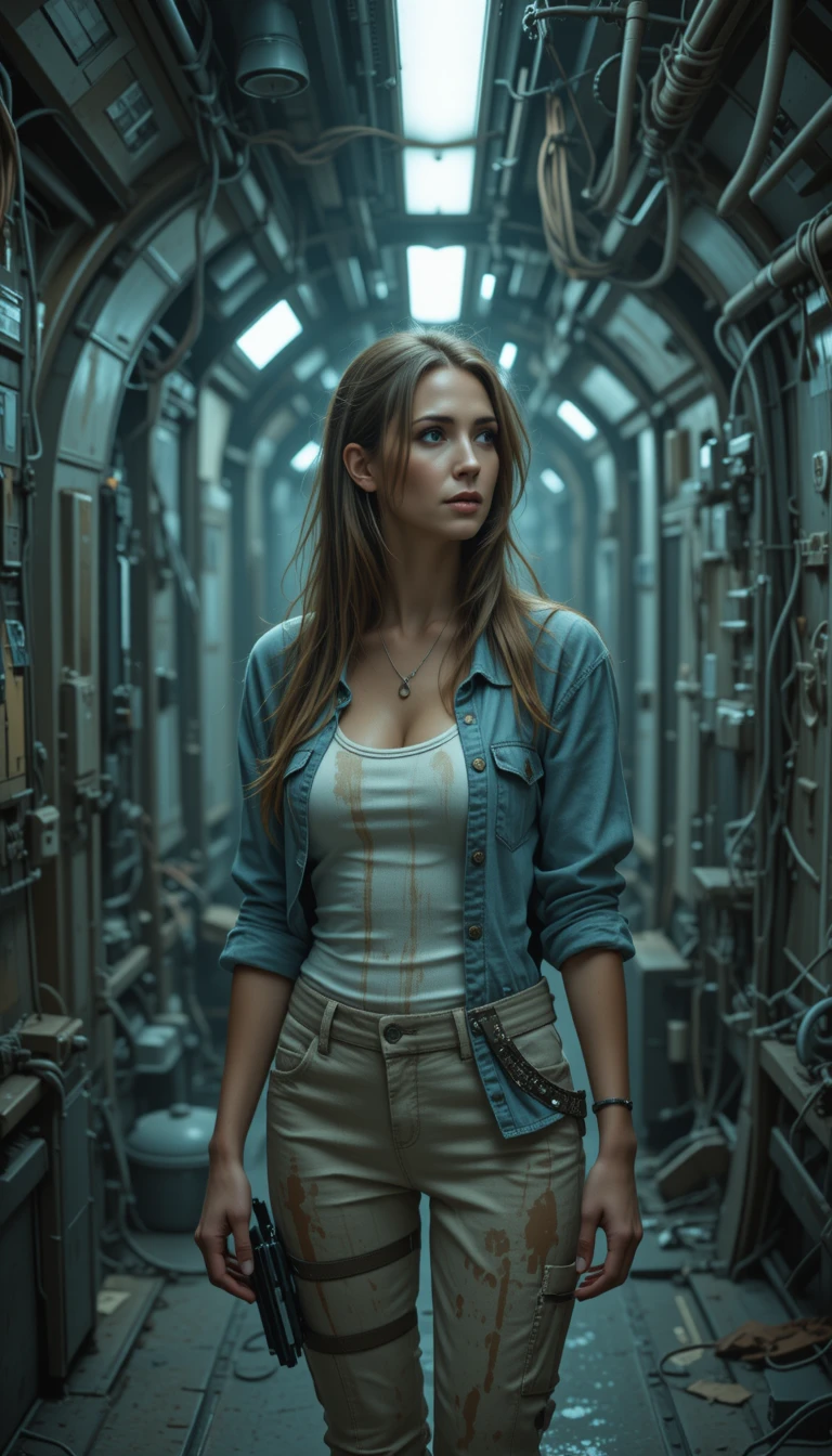 Oil Stained Sci Fi Woman In Dim Spaceship Corridor