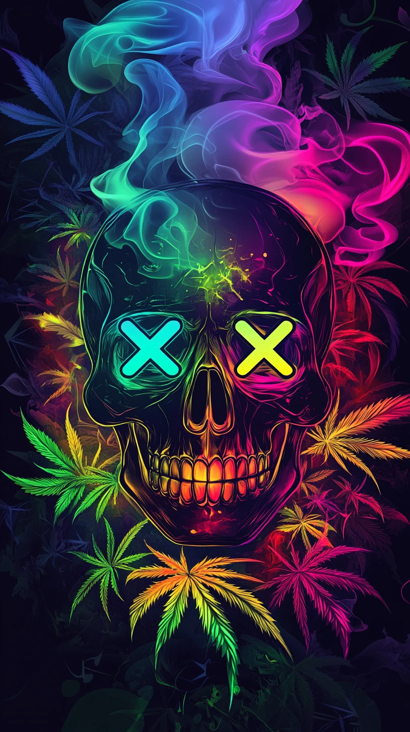 Psychedelic neon skull with glowing cannabis leaf halo