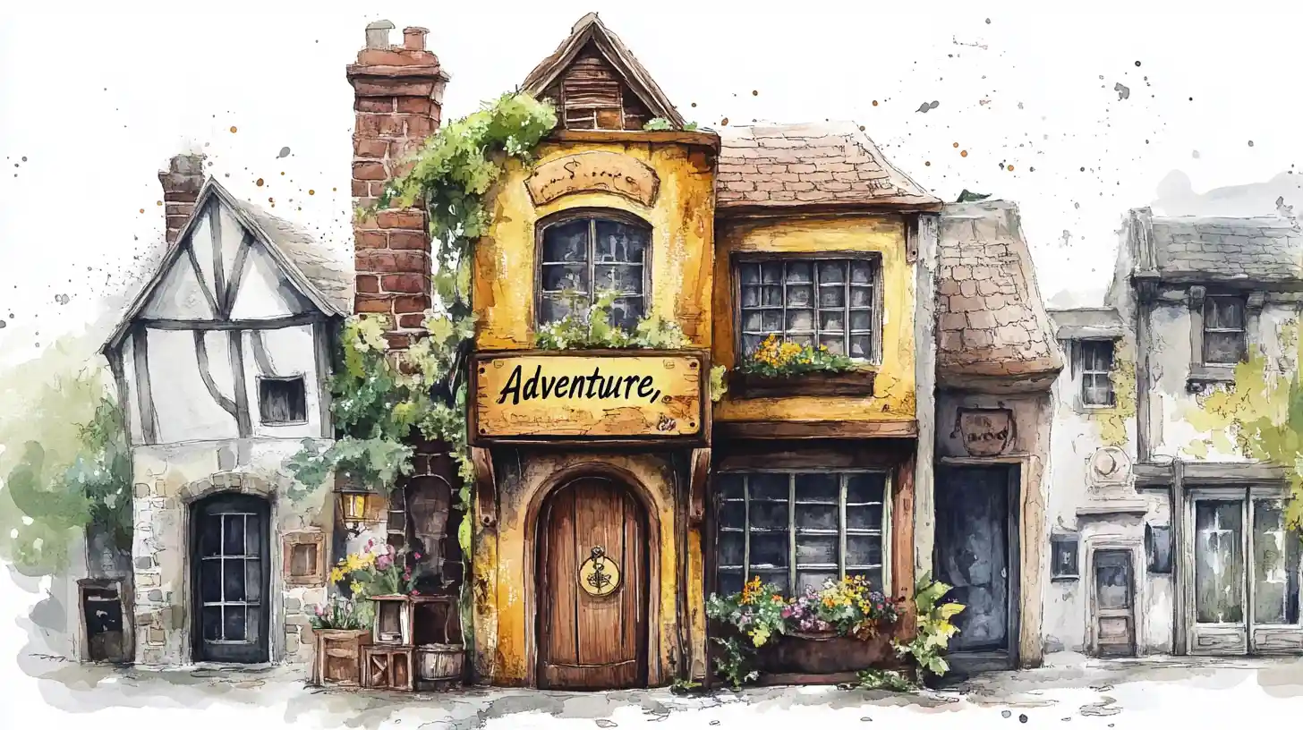 Whimsical watercolor book building with ivy and wooden door