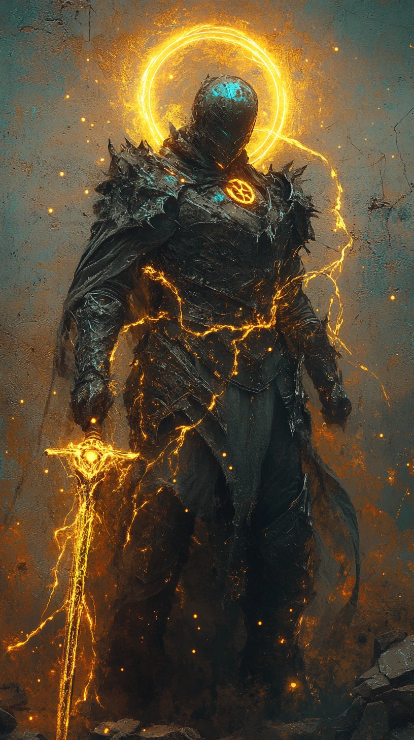 Armored knight with glowing runes and cyber mystic sigil