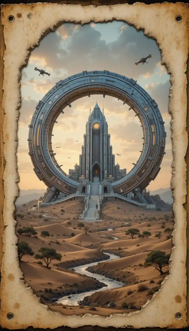 Futuristic circular portal city rising above a desert