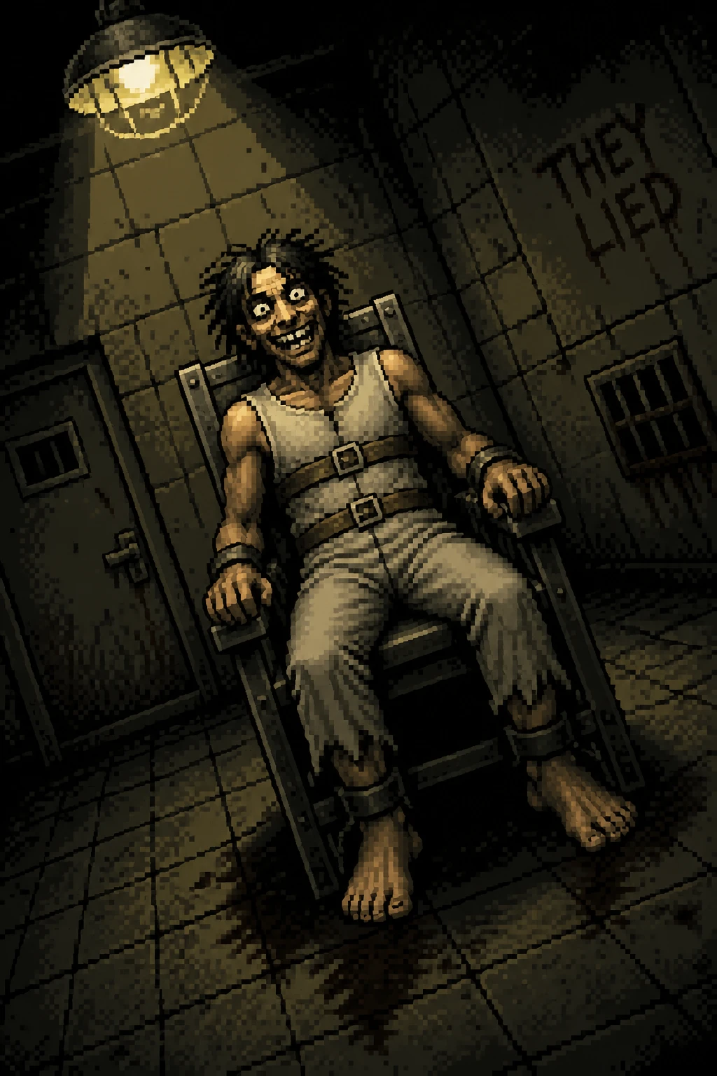 Manic patient strapped to chair in pixel art prison cell