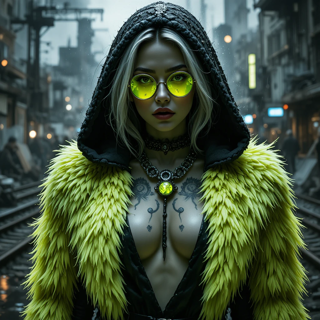 Neon lit femme fatale portrait in fur coat and chains