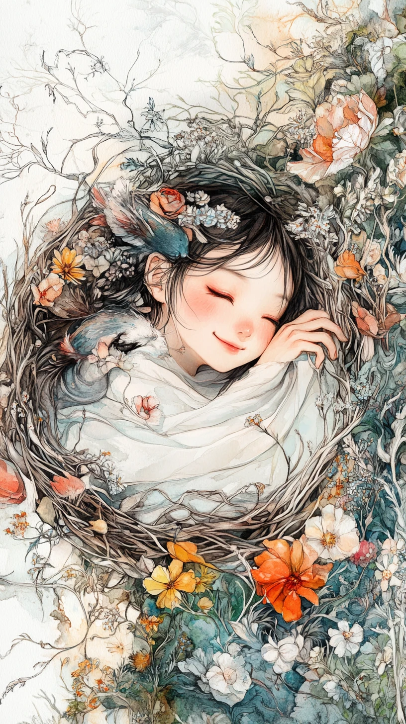 Cheerful animal girl resting in a cozy garden nest