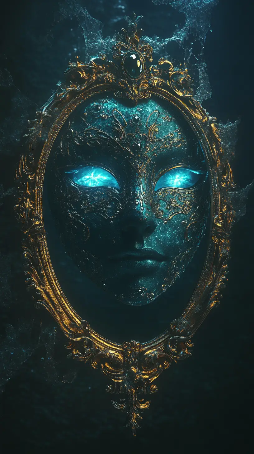 Máscara ornamentada junto a espejo agrietado con rostro reflejado cambiante
