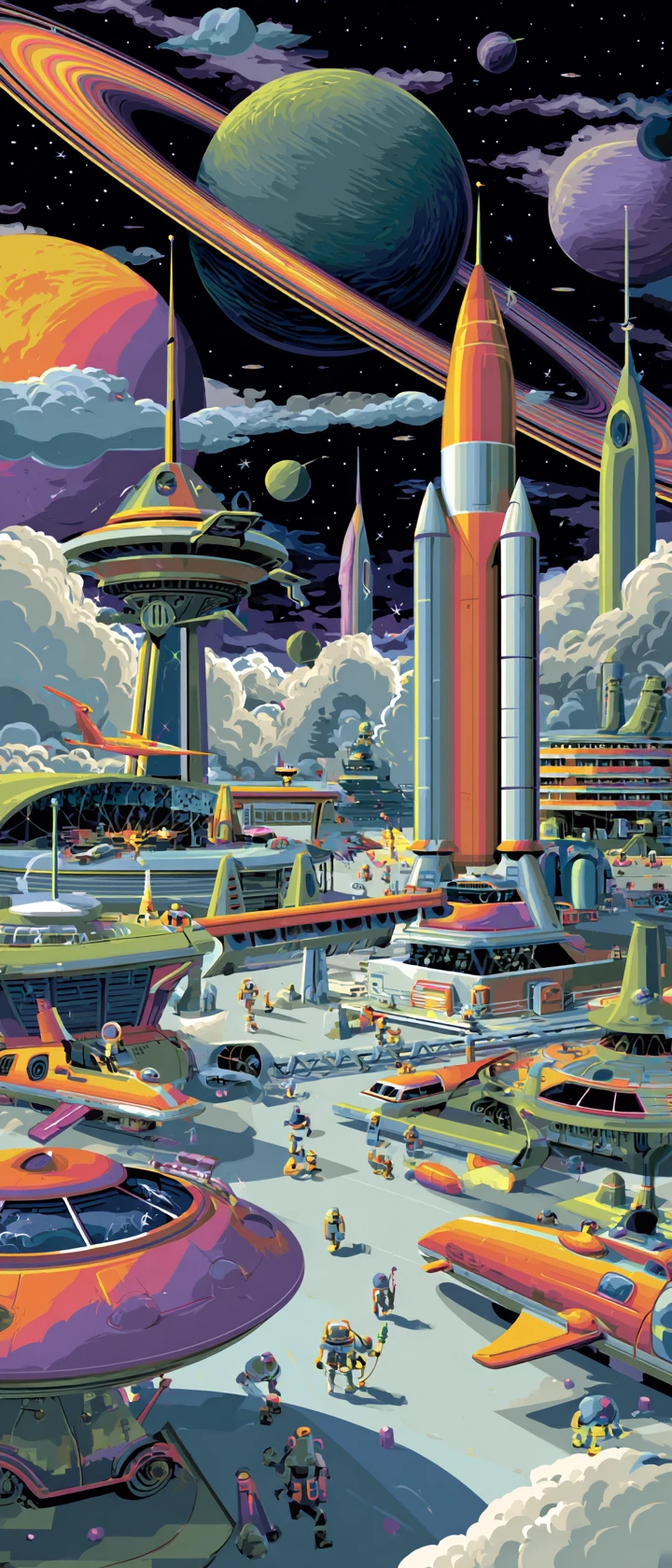 Ilustración de puerto espacial futurista con cohetes y robots