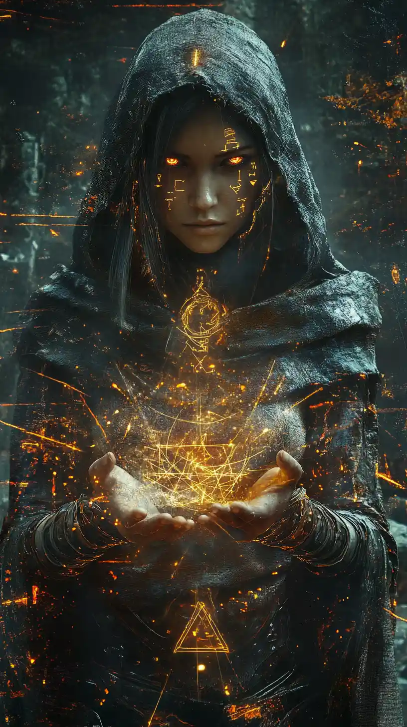Dark sorceress casting glowing holographic spell energy