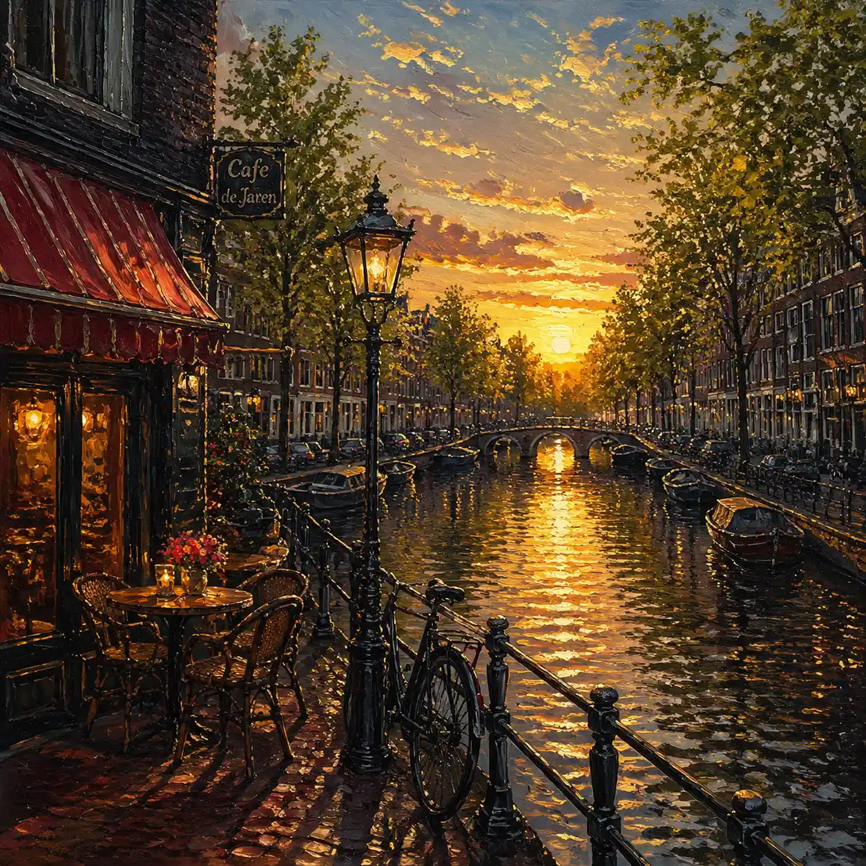 Romantic Amsterdam canal cafe in the warm evening sun