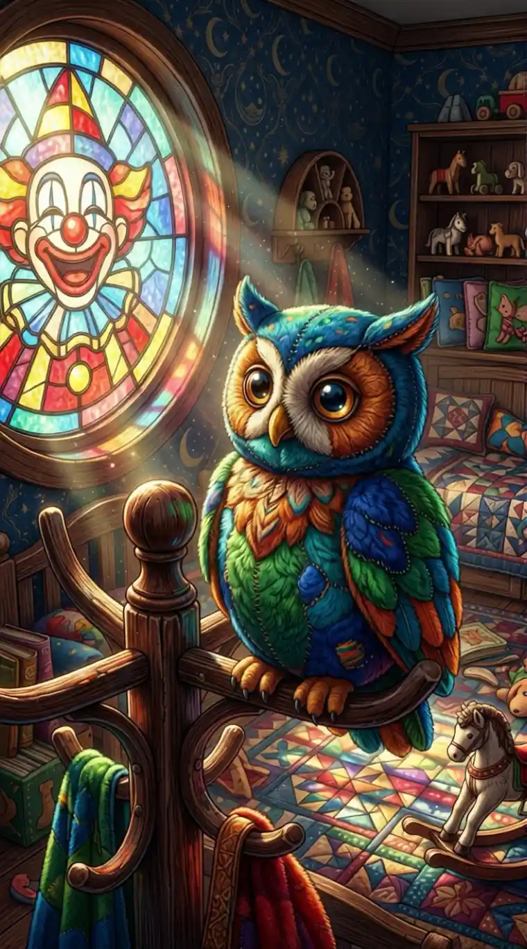 Plush fabric owl on a coat rack in a child bedroom