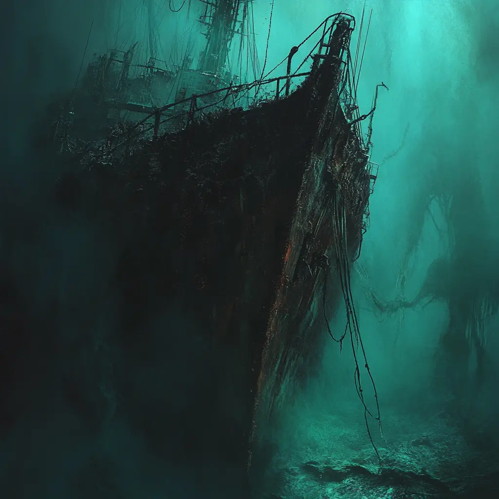 Rusted deep sea submarine sinking into the ocean floor