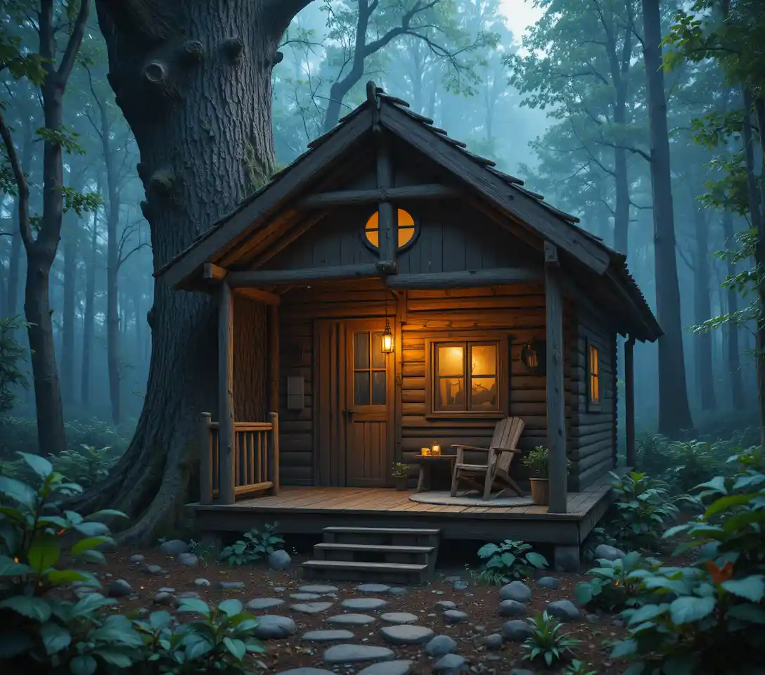 Rustikale Baumhaus-Hütte, die sanft in einem mondbeschienenen Wald leuchtet