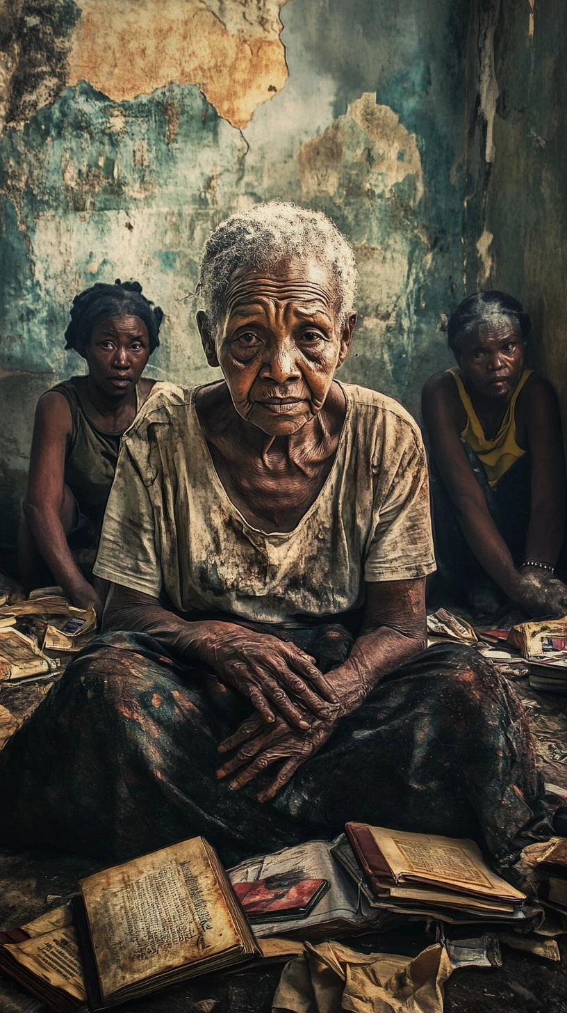 Elderly African woman seated in a crowded indoor room