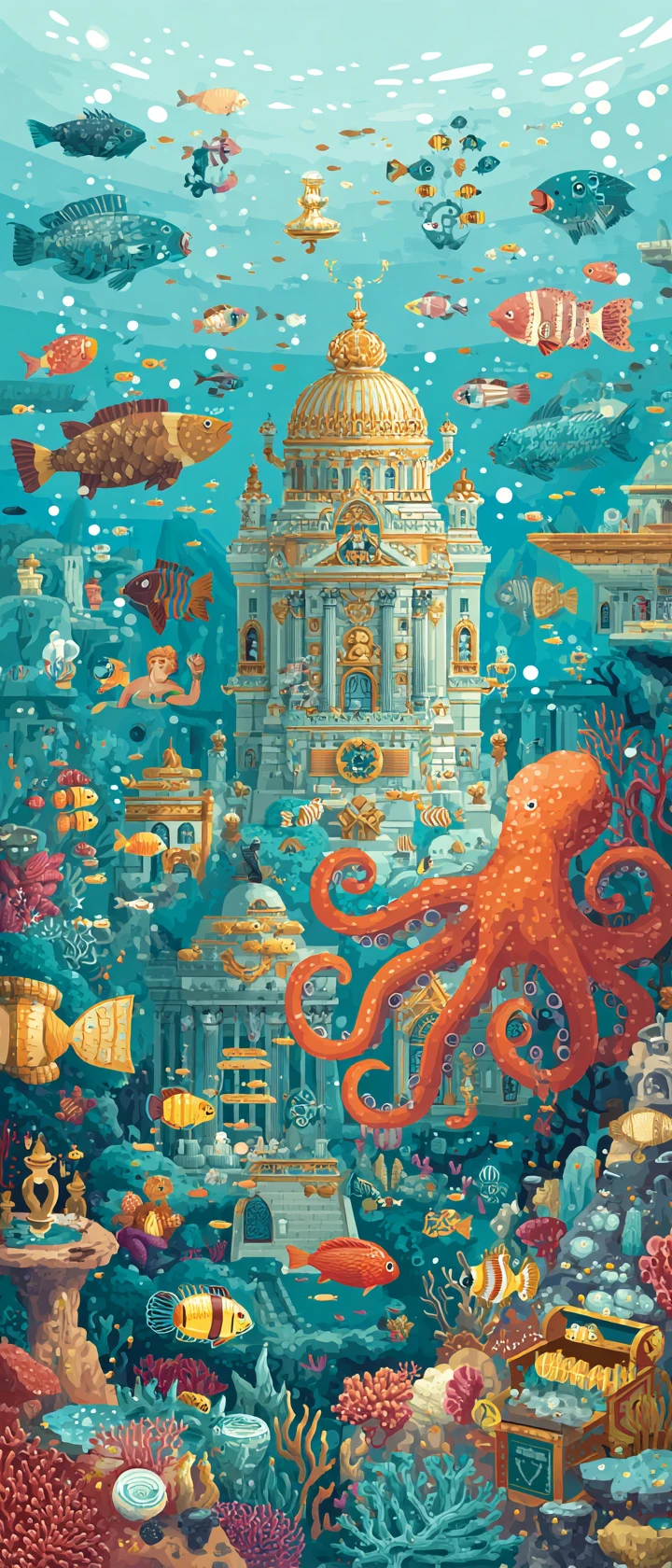 Underwater coral reef kingdom with mermaids and octopus palace