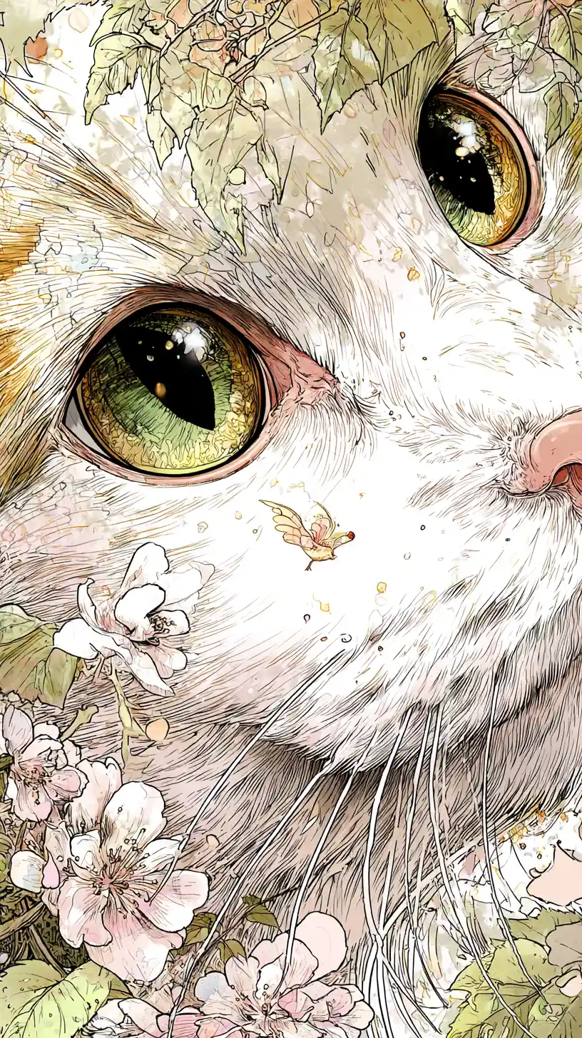 Whimsical baby neko spirit close up in spring blossoms