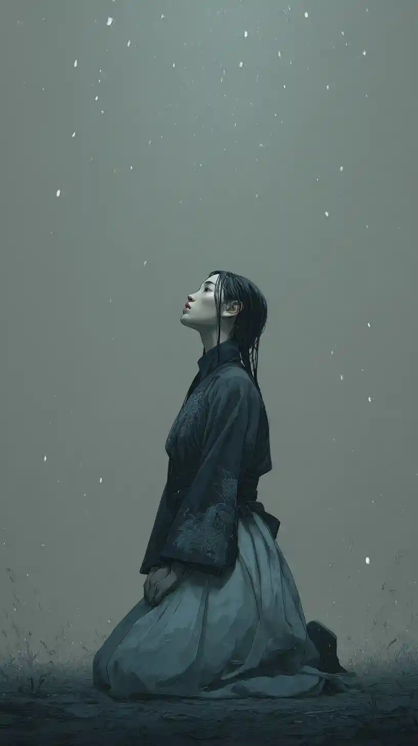 Young woman kneeling under soft light in muted rain