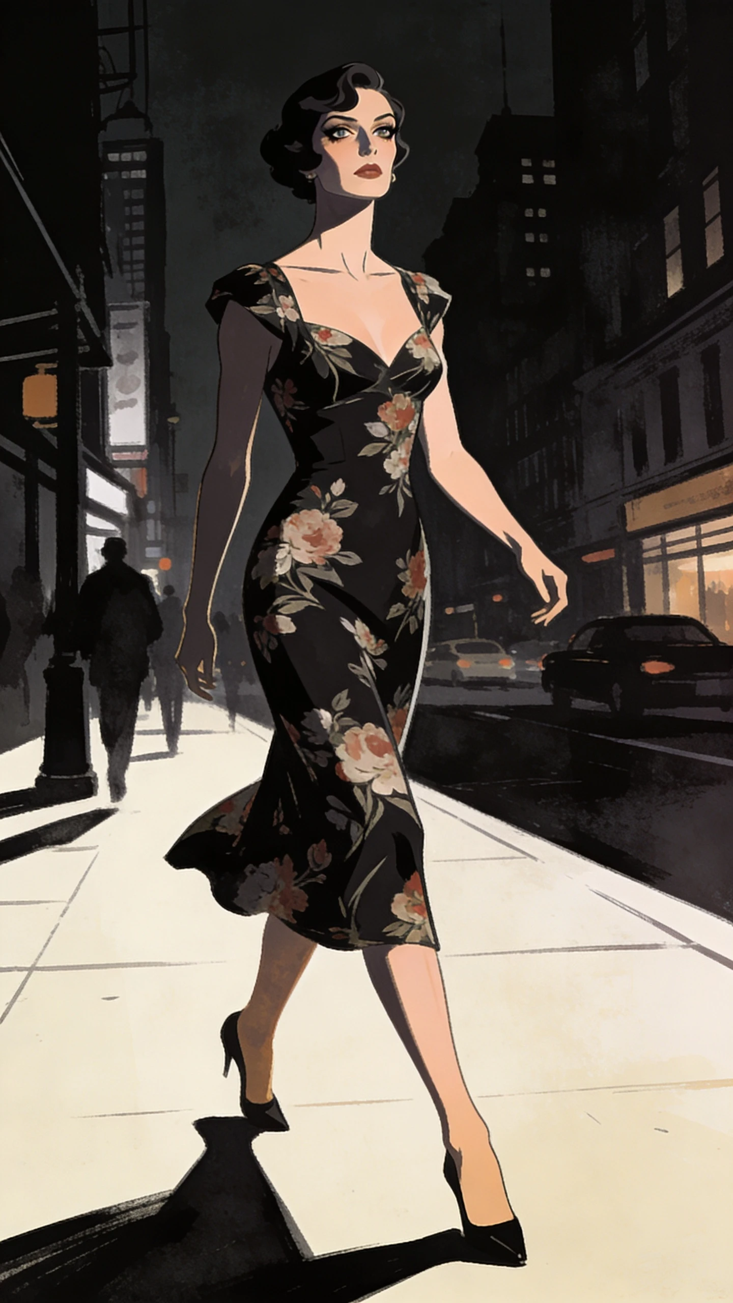 Woman in floral dress walking through moody city streets