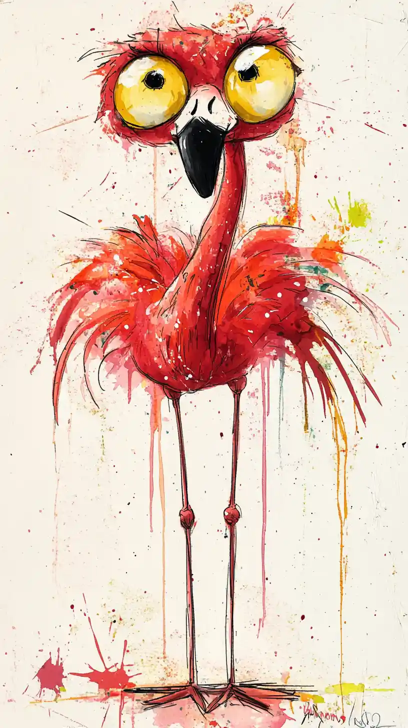 Playful watercolor flamingo tangled in its own long legs
