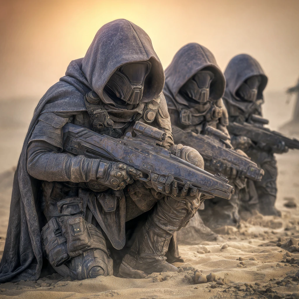 Marines de ciencia ficción avanzando juntos en una formación dramática