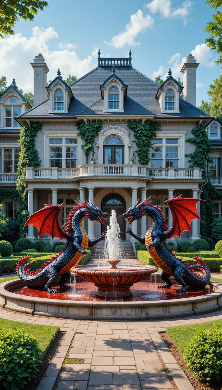 Victorian estate with garden fountain and battling dragons