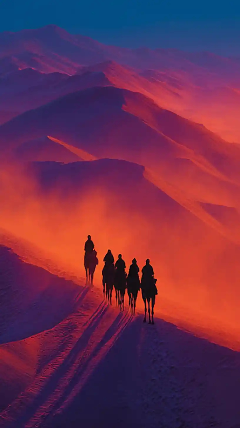 Carovana tuareg di cammelli in partenza attraverso il deserto all’alba