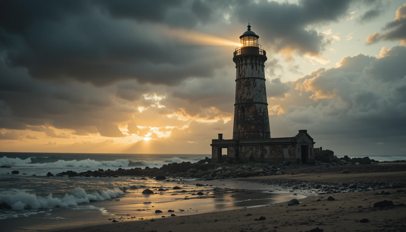 Lighthouse Facing Stormy Sea At Dawn With Shipwreck Below