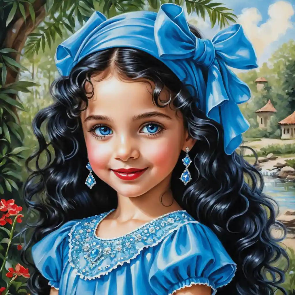 Smiling girl with long black curls in blue ruffled dress