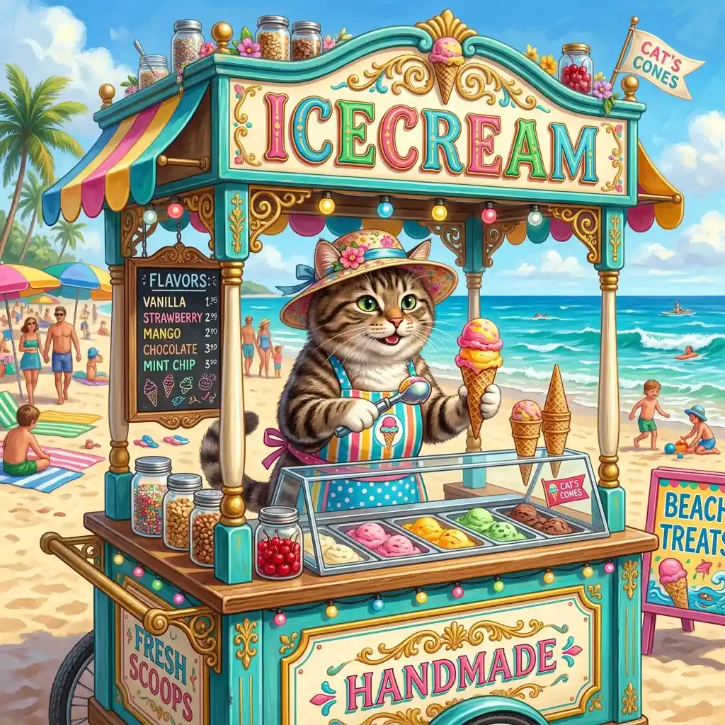 Cute tabby cat vendor in a vintage beach ice cream cart