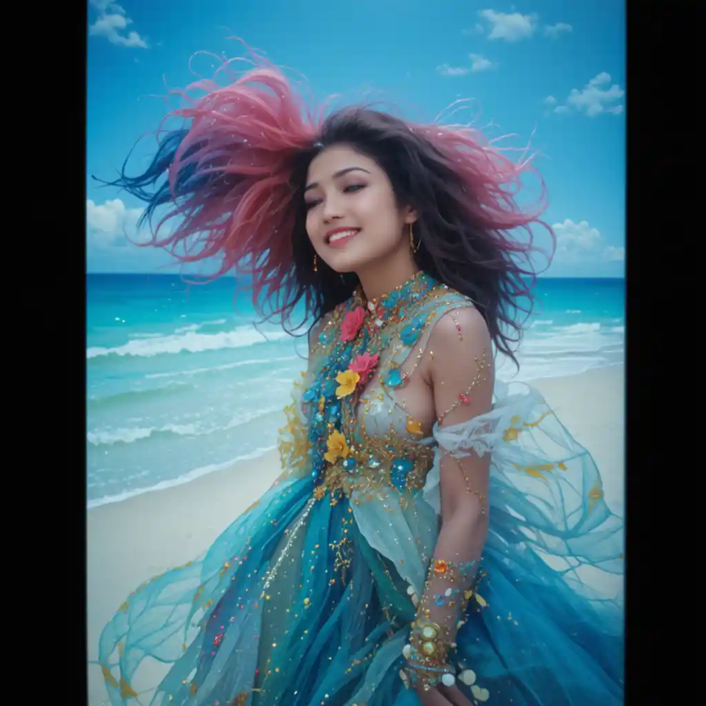 Woman standing on a sea beach in vibrant colorful outfit