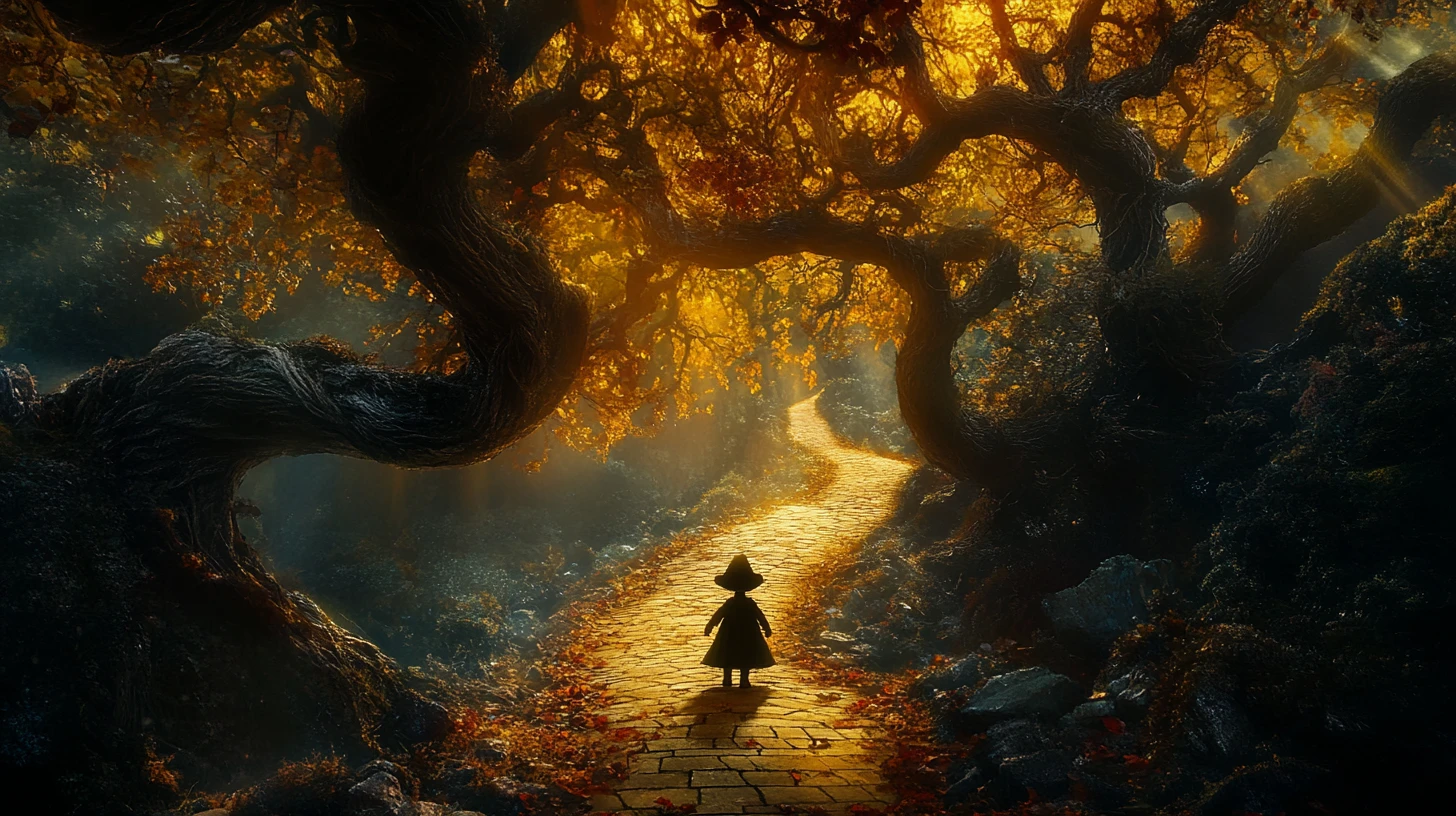 Silhouetted figure at the edge of a mystical forest
