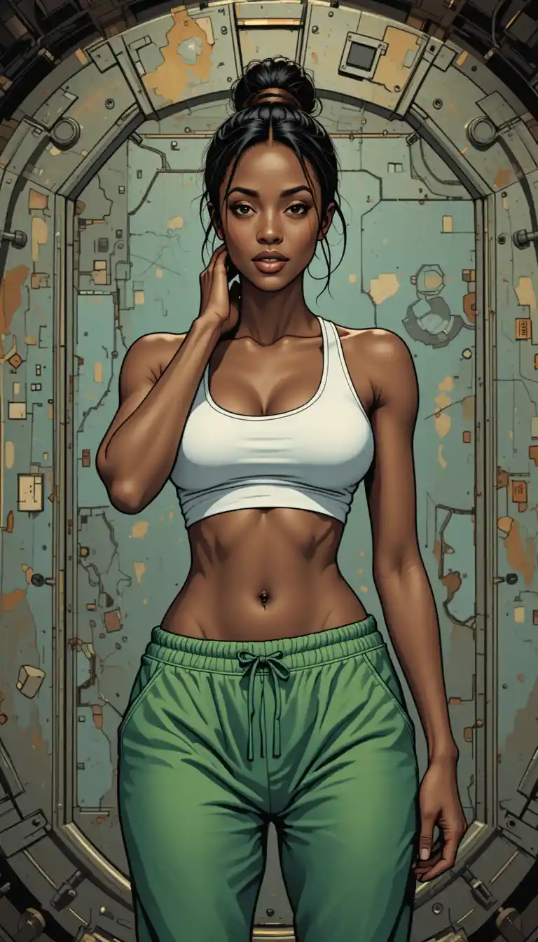 Fit young woman posing before a worn spaceship wall