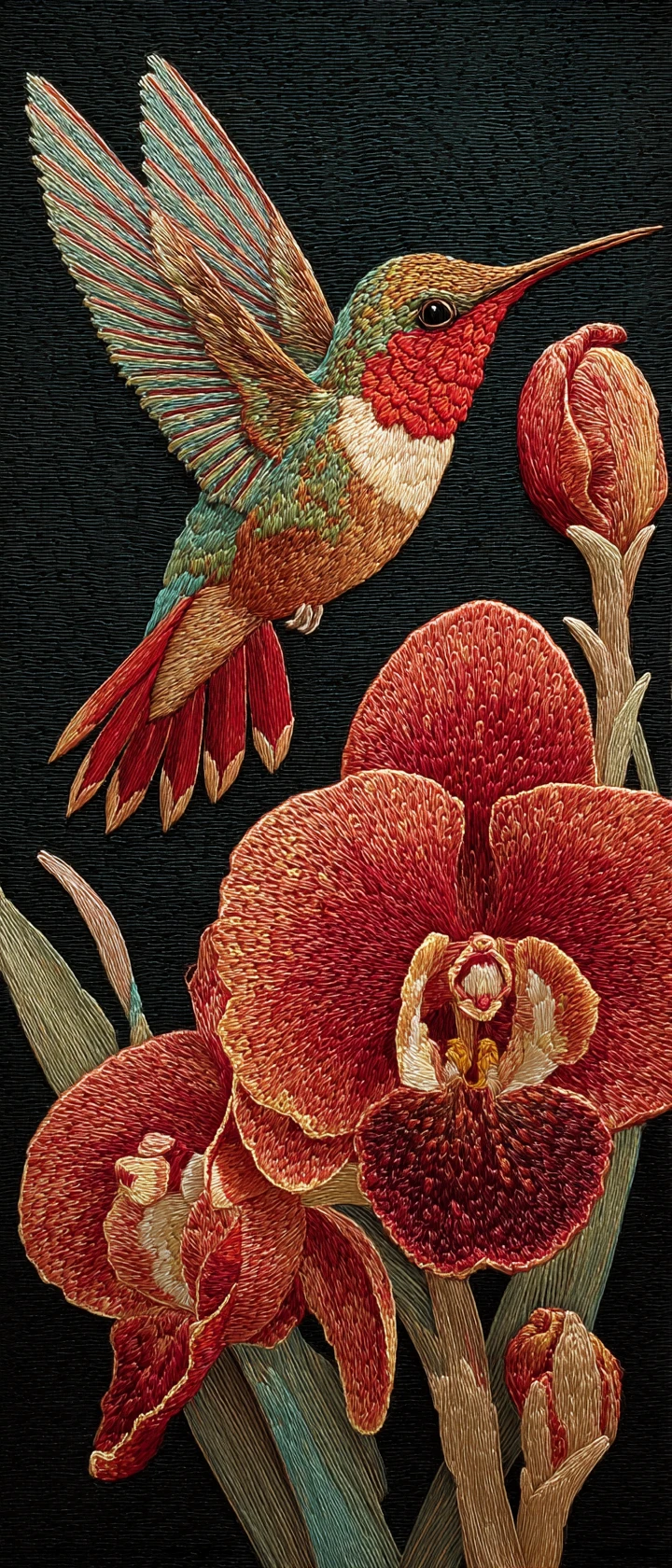 Embroidered hummingbird hovering before a blooming orchid