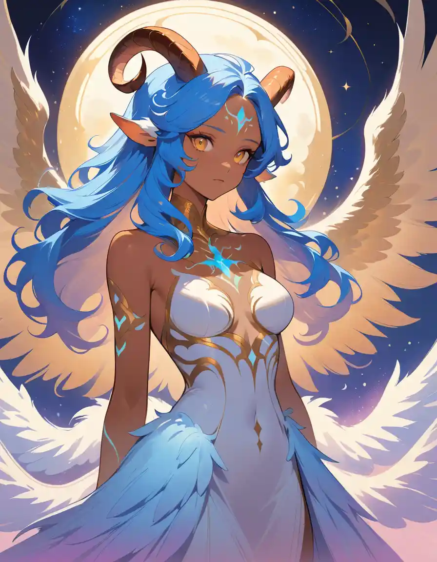Winged horned woman with glowing markings and gold eyes