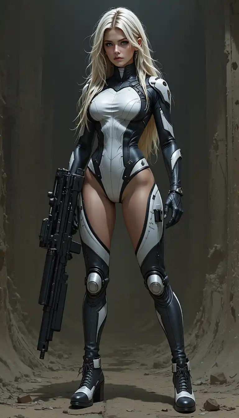 Blonde Sci‑Fi-Frau mit Gewehr in dunkler, düsterer Szene