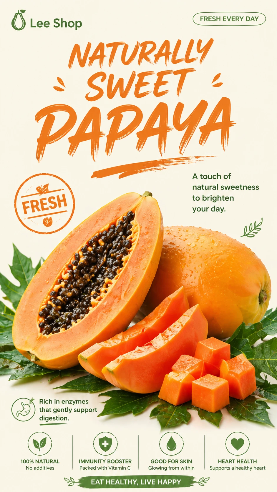 Fresh papaya fruit poster with natural soft studio lighting